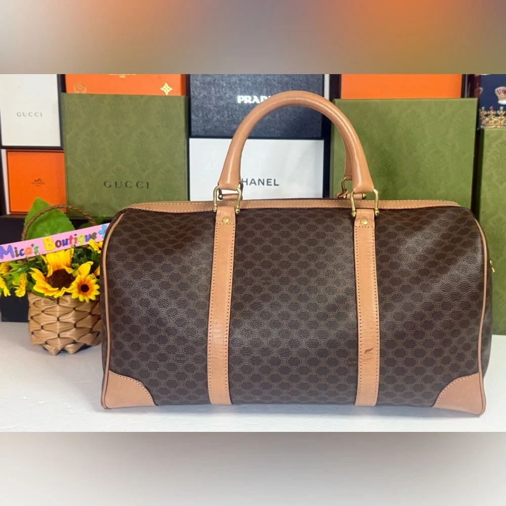 Auth CÈLINE Preowned EUC Tan and Brown Macadam Patterned Boston Bag with🔐